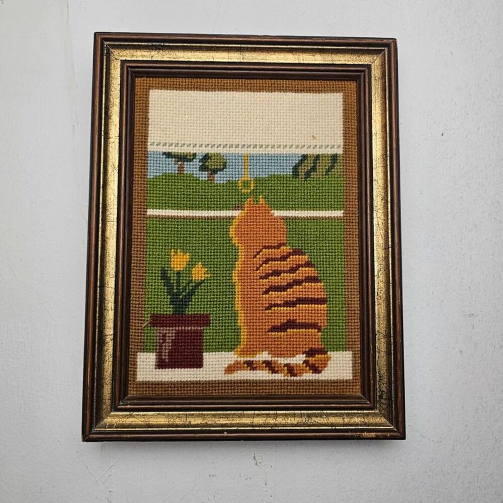 Vintage Framed Needlepoint Wall Art Orange Tabby Cat Flower Whimsical Wood Frame